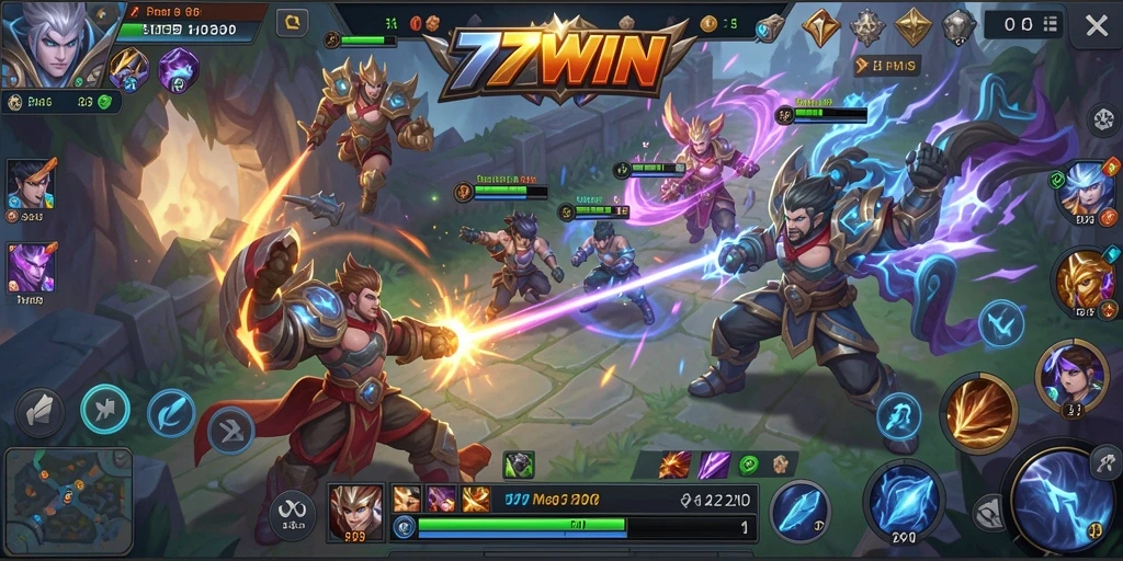 Tampilan gameplay seru dalam 77WIN dengan aksi MOBA yang intens.