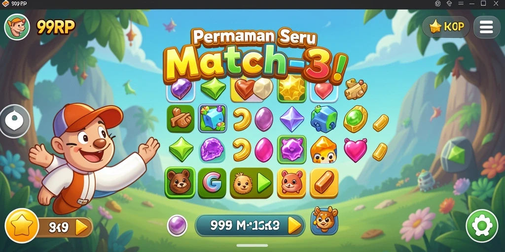Screenshot permainan 99RP menunjukkan suasana seru dan penuh warna dalam permainan Match-3.