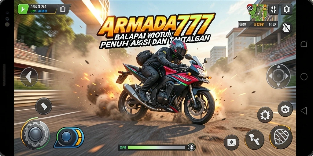 Tampilan gameplay balapan motor yang menegangkan dan cepat dalam ARMADA777.
