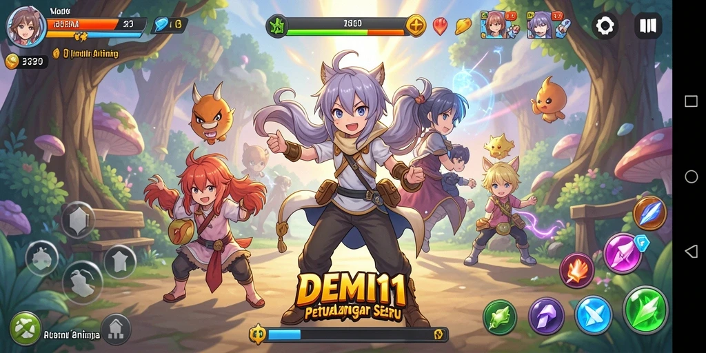 Tangkapan layar utama DEMI11 menampilkan pertarungan seru dalam dunia Anime.