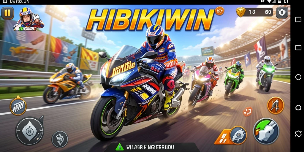 Screenshot HIBIKIWIN menampilkan balapan motor yang intens dan mendebarkan.