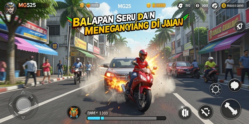 Gameplay MG525 menampilkan balapan seru di berbagai trek.