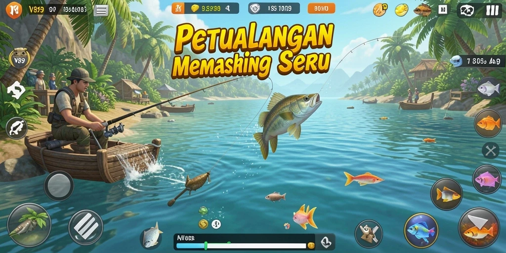 Screenshot gameplay V89 yang menunjukkan serunya memancing ikan besar.